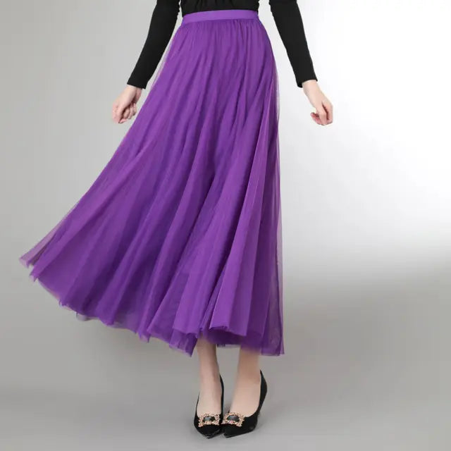 Mesh Tulle Skirt Women Elastic High-waisted A Line Beach Dance Wedding Party Mesh Pleated Maxi Long Skirts Women Korean Fashion