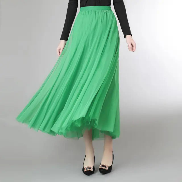 Mesh Tulle Skirt Women Elastic High-waisted A Line Beach Dance Wedding Party Mesh Pleated Maxi Long Skirts Women Korean Fashion