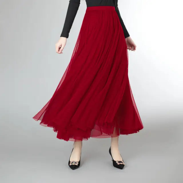 Mesh Tulle Skirt Women Elastic High-waisted A Line Beach Dance Wedding Party Mesh Pleated Maxi Long Skirts Women Korean Fashion