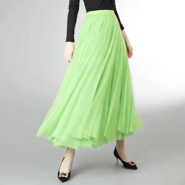 Mesh Tulle Skirt Women Elastic High-waisted A Line Beach Dance Wedding Party Mesh Pleated Maxi Long Skirts Women Korean Fashion