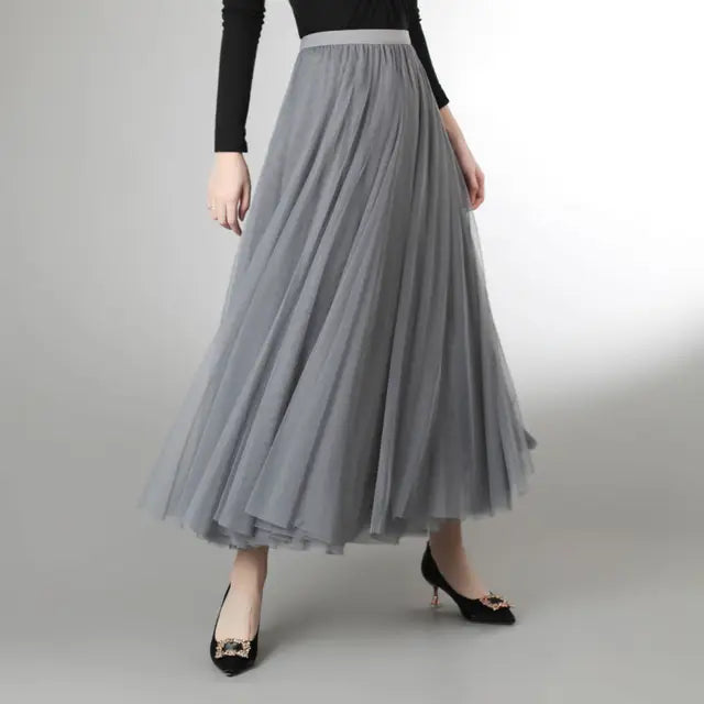 Mesh Tulle Skirt Women Elastic High-waisted A Line Beach Dance Wedding Party Mesh Pleated Maxi Long Skirts Women Korean Fashion