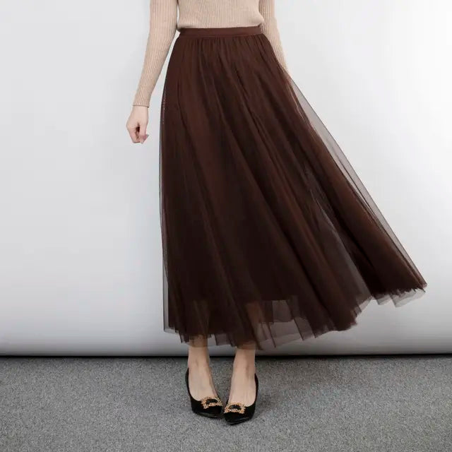 Mesh Tulle Skirt Women Elastic High-waisted A Line Beach Dance Wedding Party Mesh Pleated Maxi Long Skirts Women Korean Fashion