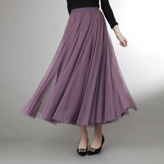 Mesh Tulle Skirt Women Elastic High-waisted A Line Beach Dance Wedding Party Mesh Pleated Maxi Long Skirts Women Korean Fashion