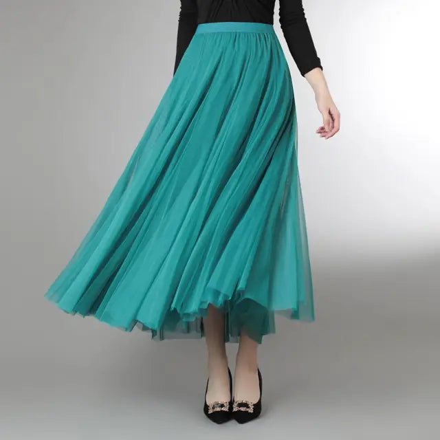 Mesh Tulle Skirt Women Elastic High-waisted A Line Beach Dance Wedding Party Mesh Pleated Maxi Long Skirts Women Korean Fashion
