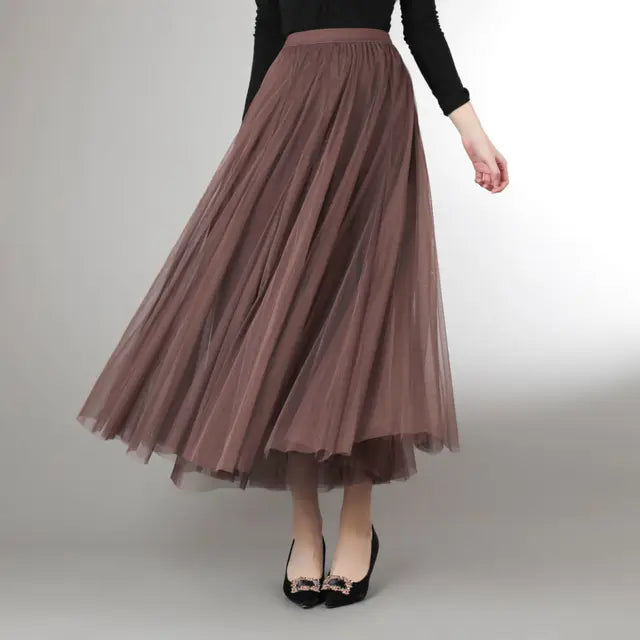 Mesh Tulle Skirt Women Elastic High-waisted A Line Beach Dance Wedding Party Mesh Pleated Maxi Long Skirts Women Korean Fashion