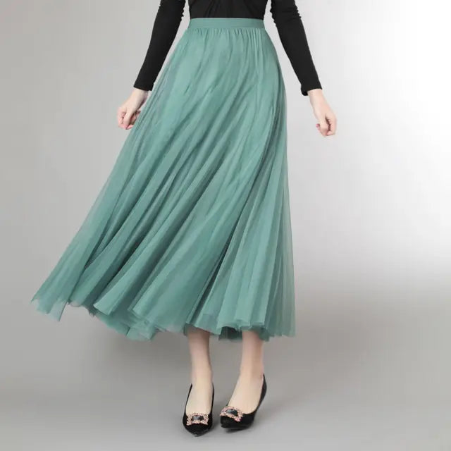 Mesh Tulle Skirt Women Elastic High-waisted A Line Beach Dance Wedding Party Mesh Pleated Maxi Long Skirts Women Korean Fashion