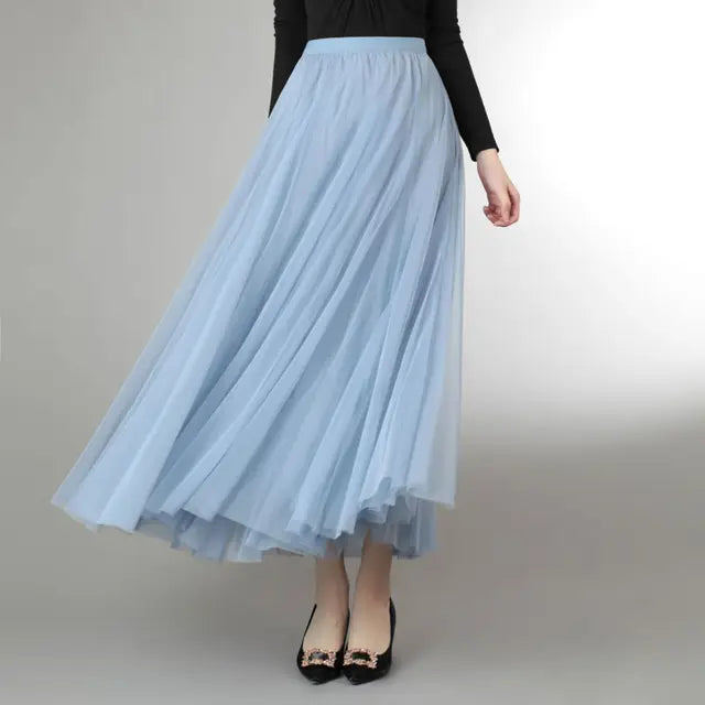 Mesh Tulle Skirt Women Elastic High-waisted A Line Beach Dance Wedding Party Mesh Pleated Maxi Long Skirts Women Korean Fashion
