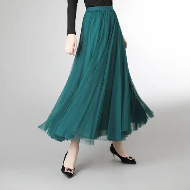 Mesh Tulle Skirt Women Elastic High-waisted A Line Beach Dance Wedding Party Mesh Pleated Maxi Long Skirts Women Korean Fashion