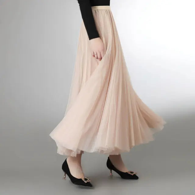 Mesh Tulle Skirt Women Elastic High-waisted A Line Beach Dance Wedding Party Mesh Pleated Maxi Long Skirts Women Korean Fashion