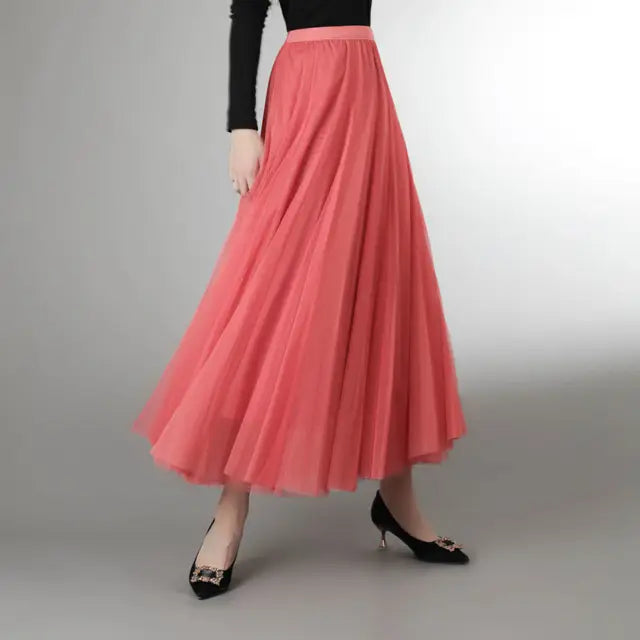 Mesh Tulle Skirt Women Elastic High-waisted A Line Beach Dance Wedding Party Mesh Pleated Maxi Long Skirts Women Korean Fashion