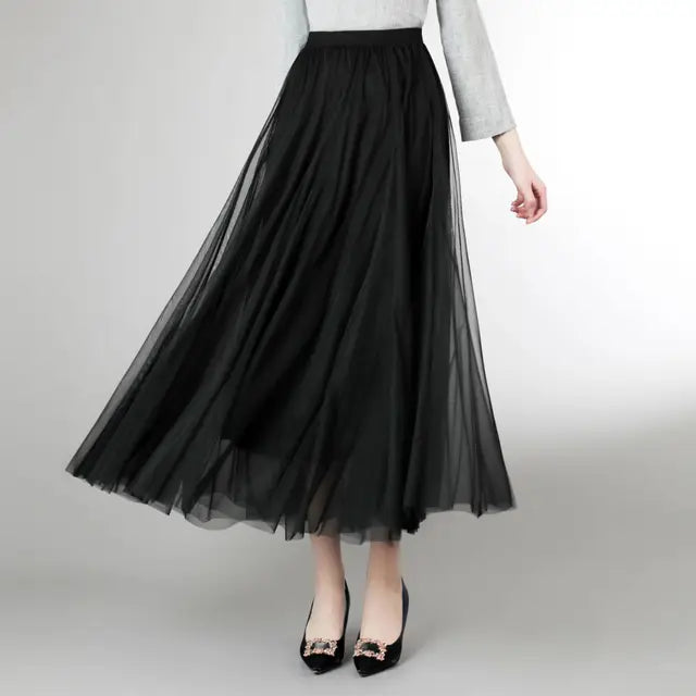 Mesh Tulle Skirt Women Elastic High-waisted A Line Beach Dance Wedding Party Mesh Pleated Maxi Long Skirts Women Korean Fashion