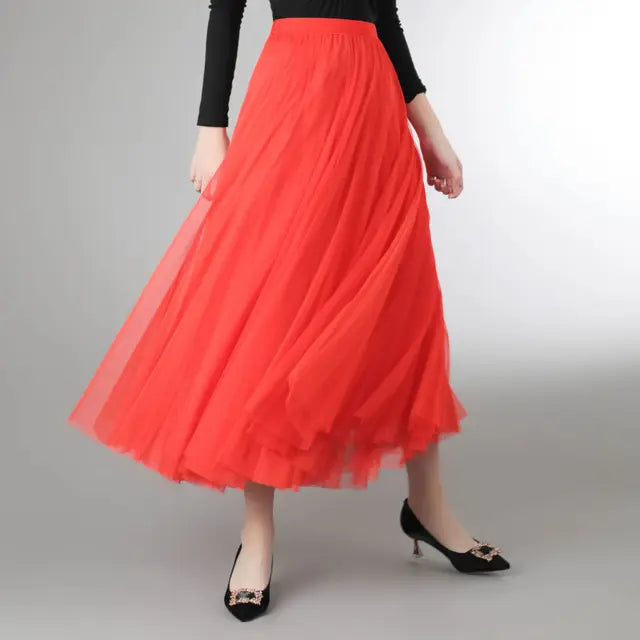 Mesh Tulle Skirt Women Elastic High-waisted A Line Beach Dance Wedding Party Mesh Pleated Maxi Long Skirts Women Korean Fashion