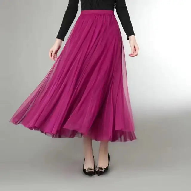 Mesh Tulle Skirt Women Elastic High-waisted A Line Beach Dance Wedding Party Mesh Pleated Maxi Long Skirts Women Korean Fashion