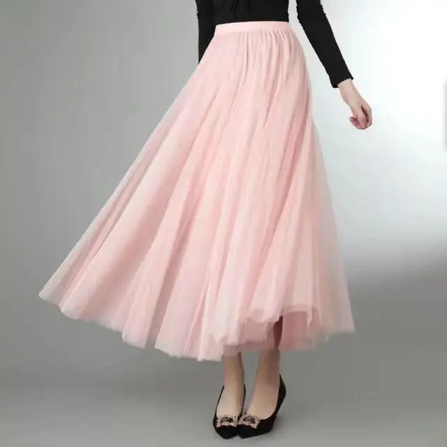Mesh Tulle Skirt Women Elastic High-waisted A Line Beach Dance Wedding Party Mesh Pleated Maxi Long Skirts Women Korean Fashion