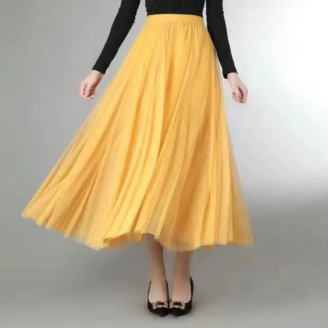 Mesh Tulle Skirt Women Elastic High-waisted A Line Beach Dance Wedding Party Mesh Pleated Maxi Long Skirts Women Korean Fashion