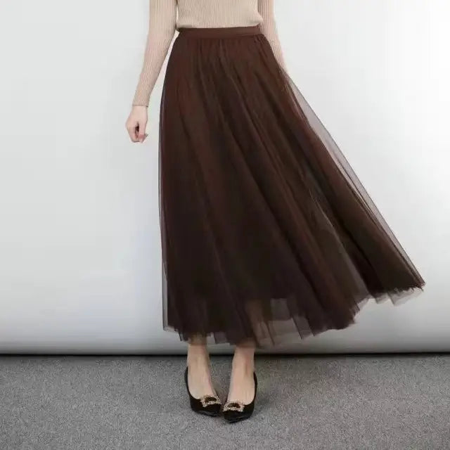Mesh Tulle Skirt Women Elastic High-waisted A Line Beach Dance Wedding Party Mesh Pleated Maxi Long Skirts Women Korean Fashion