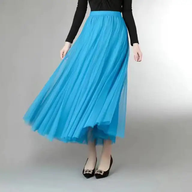 Mesh Tulle Skirt Women Elastic High-waisted A Line Beach Dance Wedding Party Mesh Pleated Maxi Long Skirts Women Korean Fashion