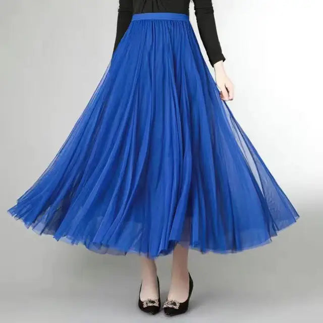 Mesh Tulle Skirt Women Elastic High-waisted A Line Beach Dance Wedding Party Mesh Pleated Maxi Long Skirts Women Korean Fashion