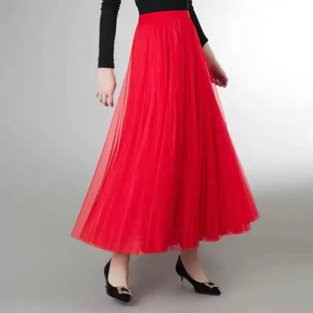 Mesh Tulle Skirt Women Elastic High-waisted A Line Beach Dance Wedding Party Mesh Pleated Maxi Long Skirts Women Korean Fashion